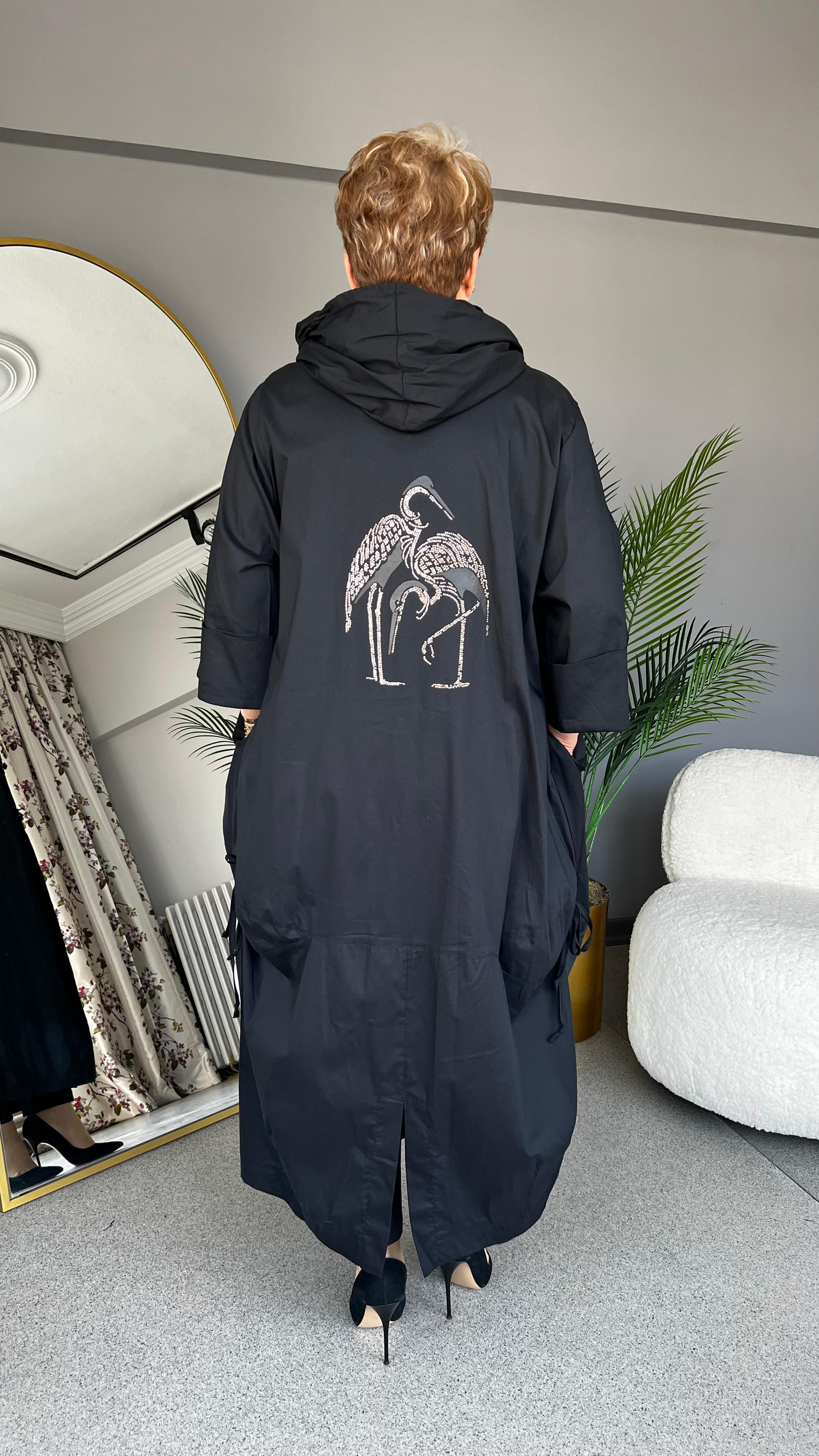 Selma Büyük Beden Kapüşonlu Turna Desenli Trench