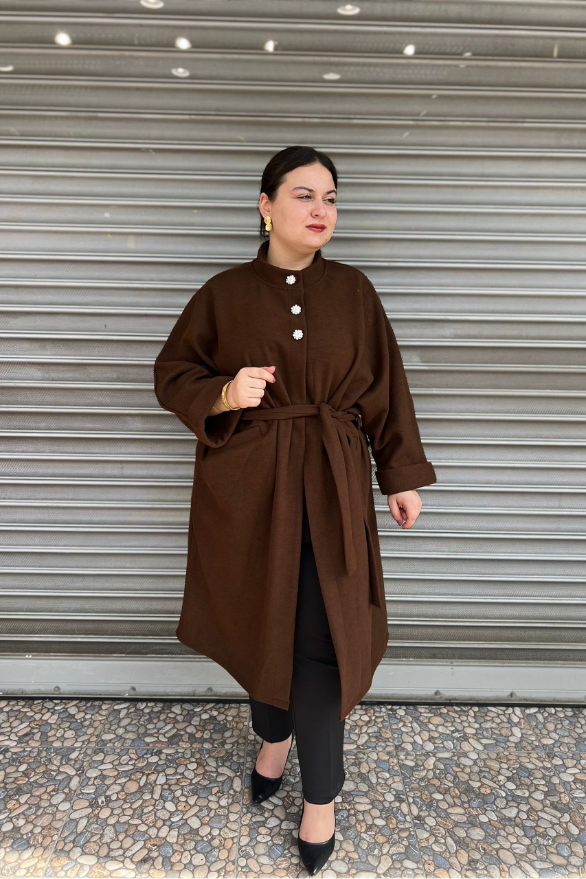 Selma Büyük Beden Kaşe Astarsız Yarasa Kol Kaban