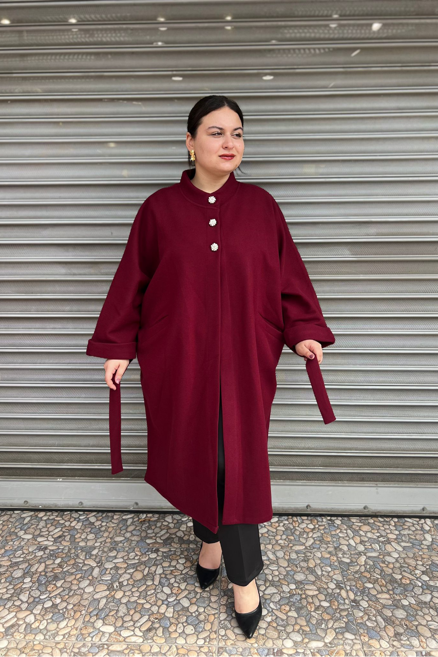 Selma Büyük Beden Kaşe Astarsız Yarasa Kol Kaban