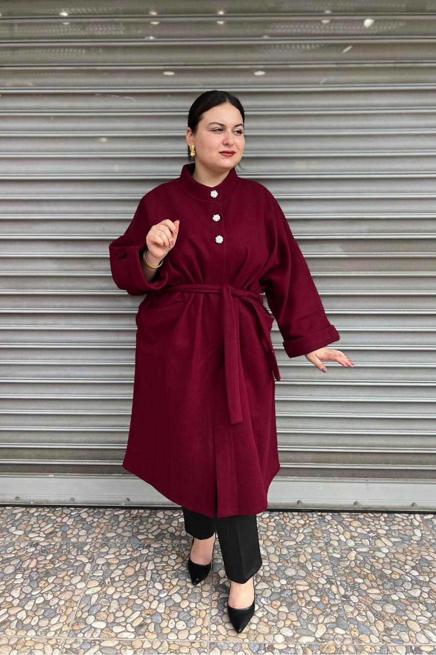 Selma Büyük Beden Kaşe Astarsız Yarasa Kol Kaban