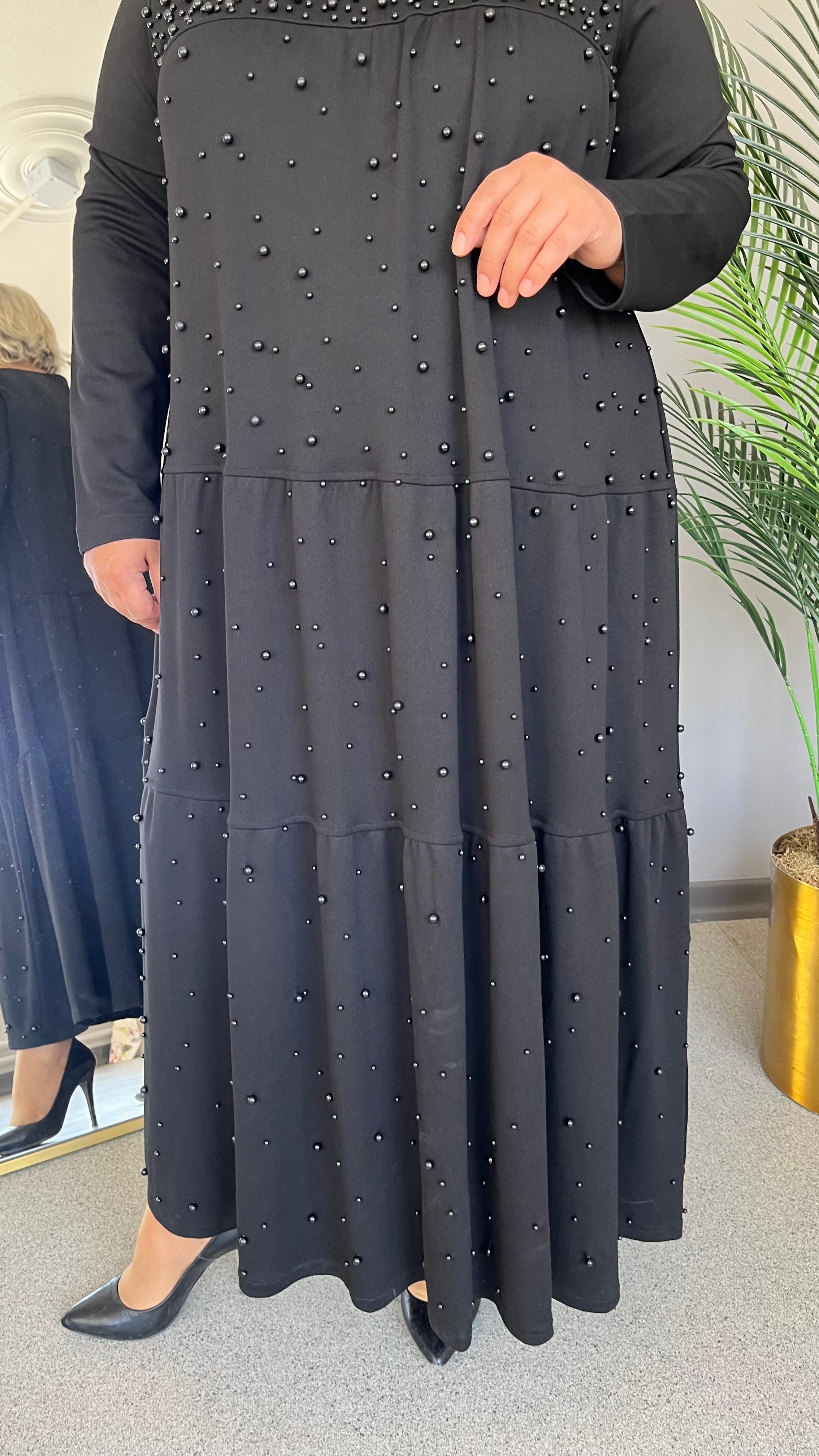 Selma Büyük Beden Kat Fırfırlı İncili Elbise