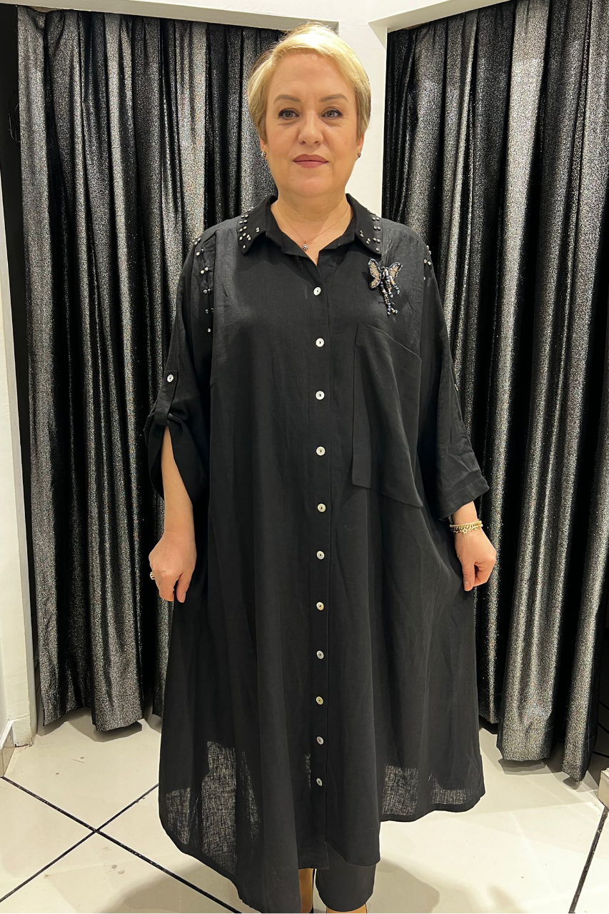 Selma Büyük Beden Kelebek Broşlu Keten Gömlek/Elbise