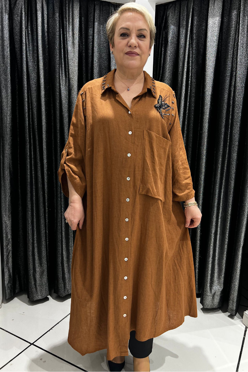 Selma Büyük Beden Kelebek Broşlu Keten Gömlek/Elbise