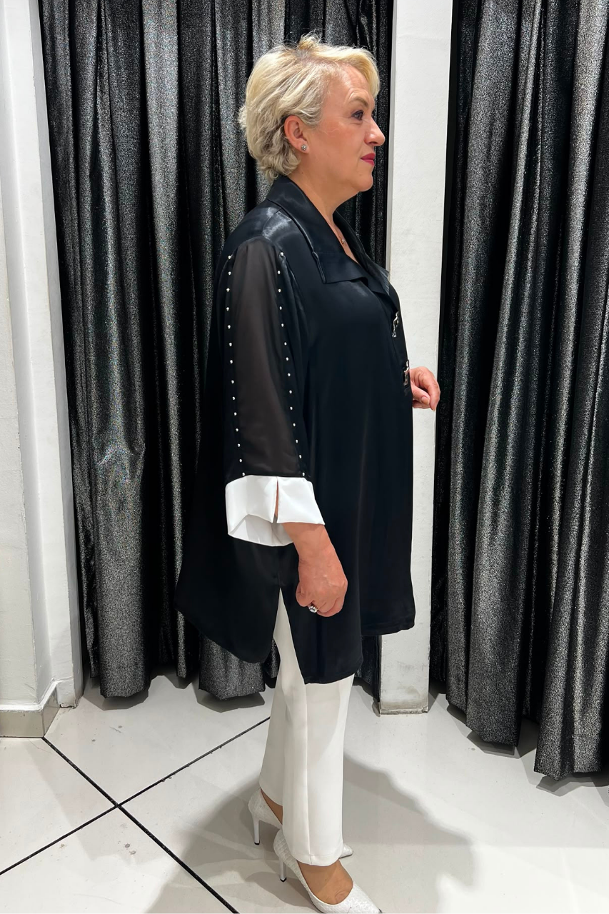 Selma Büyük Beden Kontrast Manşetli Saten Bluz
