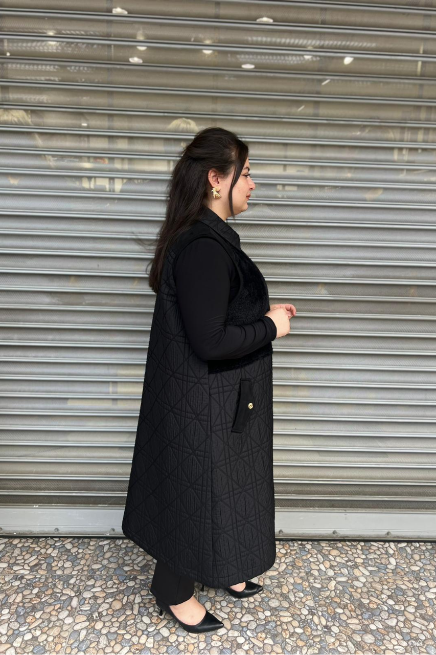 Selma Büyük Beden Kürk Detaylı Çıtçıtlı Yelek