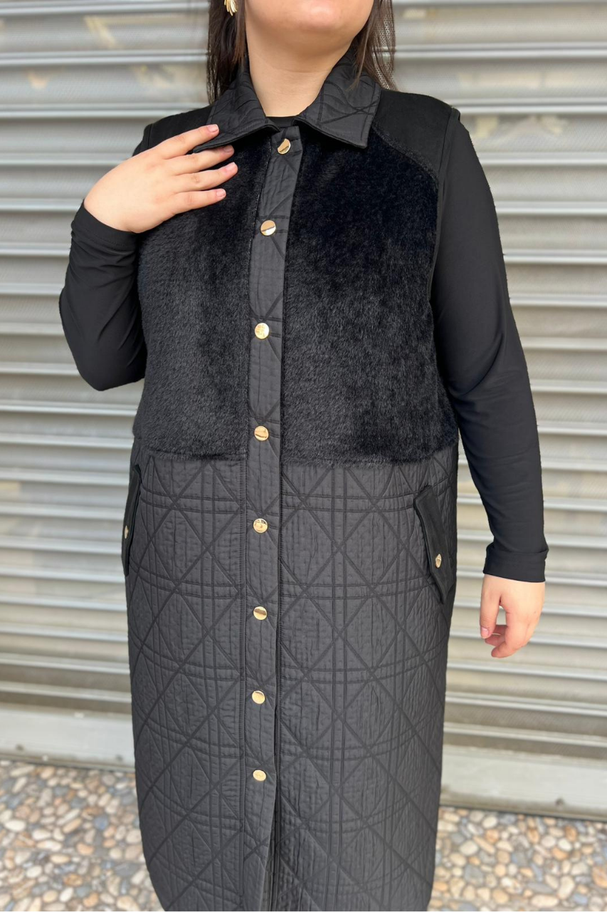 Selma Büyük Beden Kürk Detaylı Çıtçıtlı Yelek