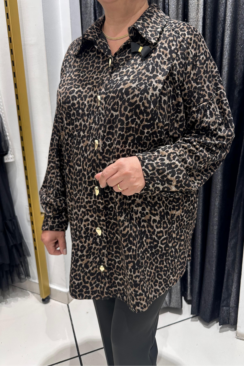 Selma Büyük Beden Leopar Desenli Düğmeli Gömlek