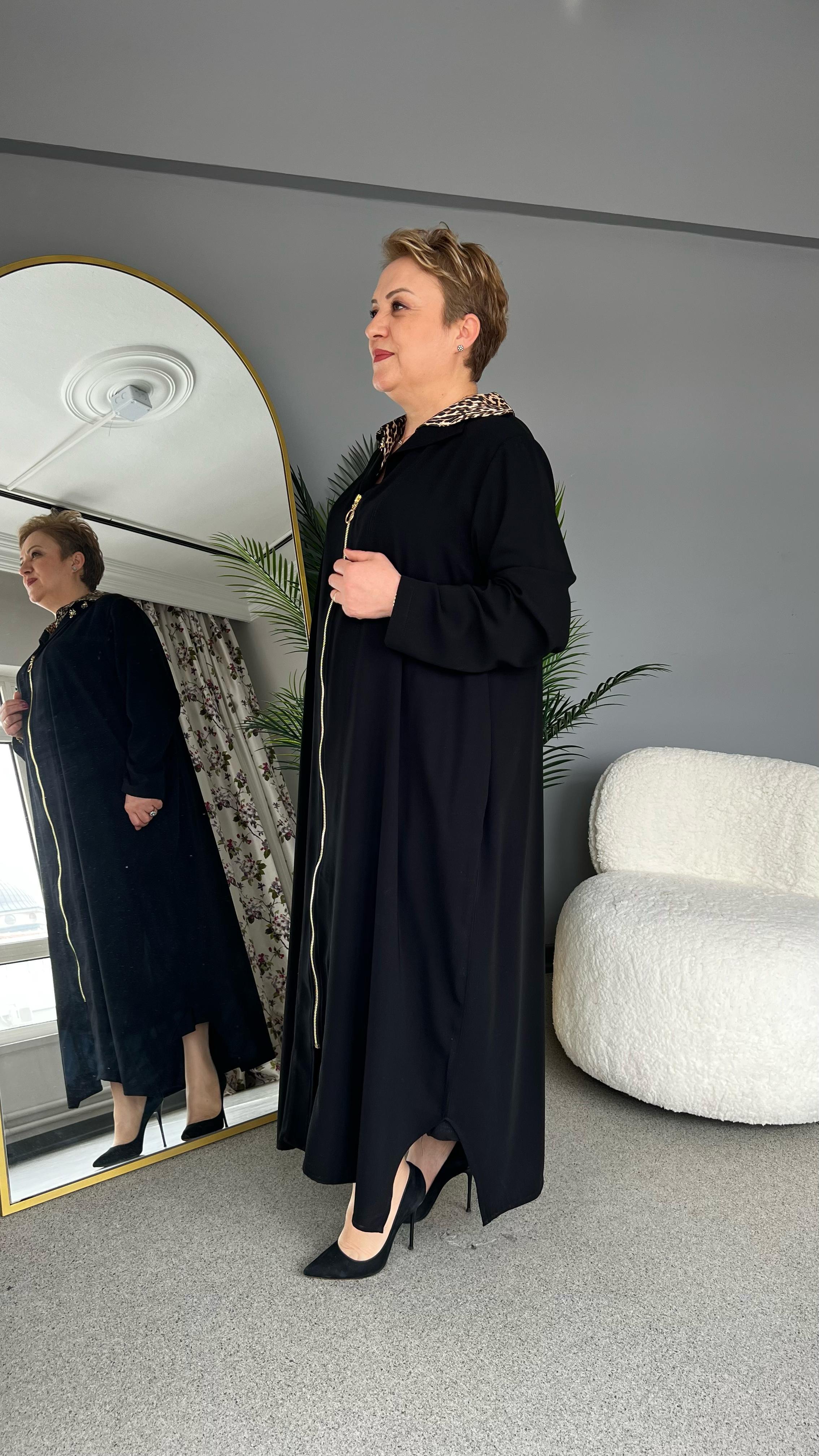 Selma Büyük Beden Leopar Yaka Elbise/Ferace