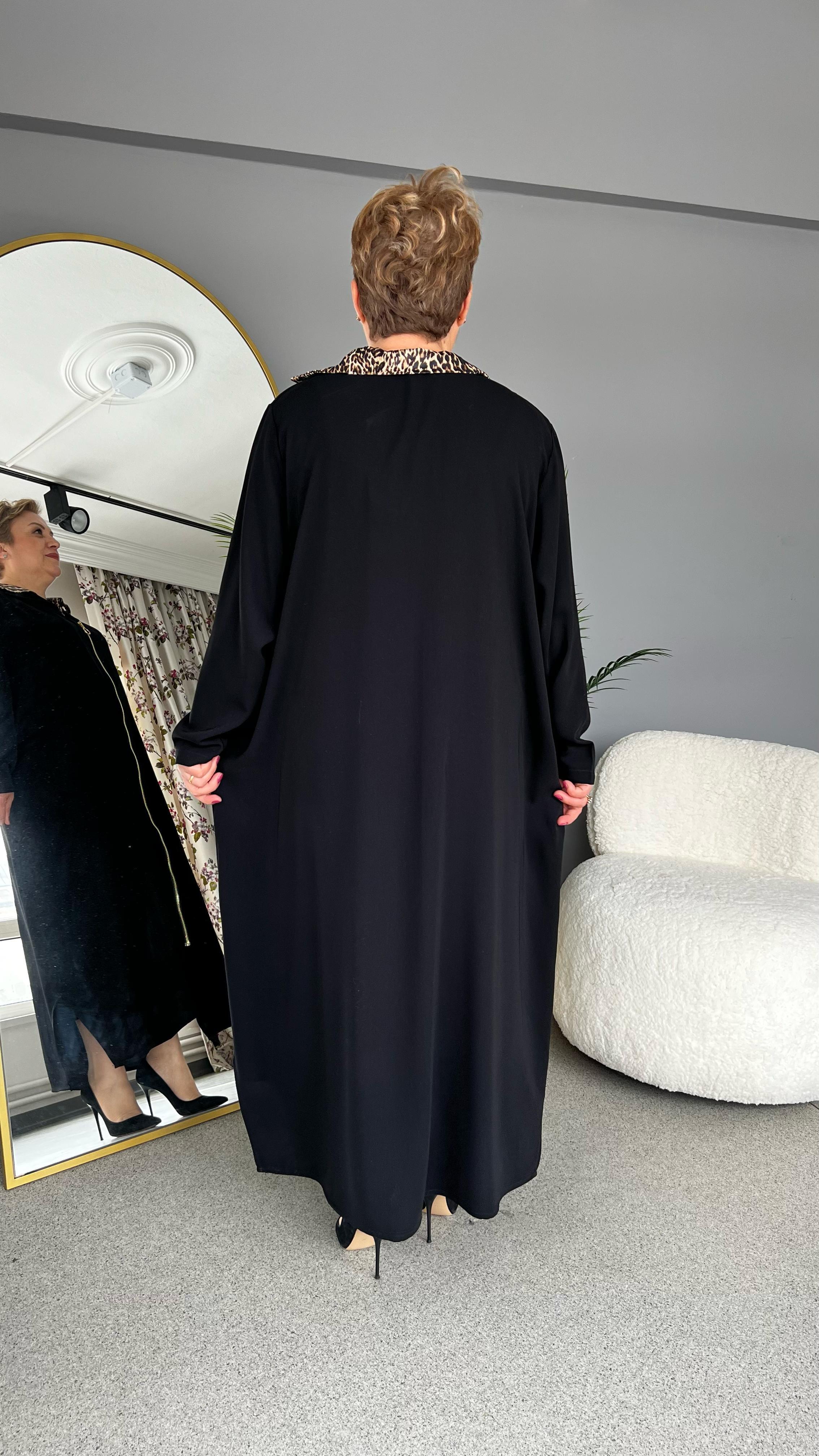 Selma Büyük Beden Leopar Yaka Elbise/Ferace