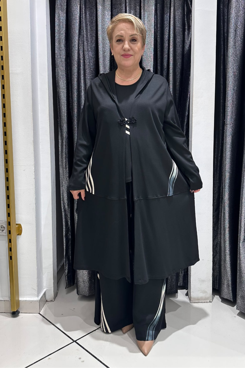 Selma Büyük Beden Modern Çizgili Üçlü Takım