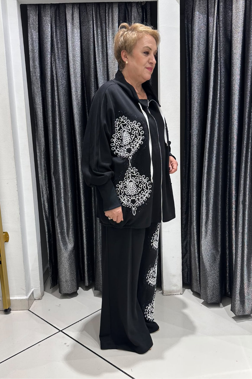 Selma Büyük Beden Modern Desen İşlemeli Fermuarlı Takım