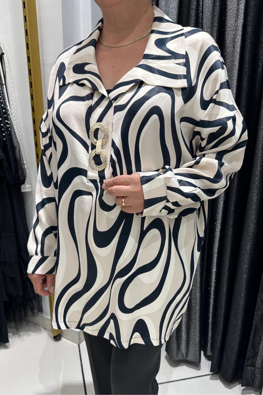 Selma Büyük Beden Modern Desen Saten Bluz