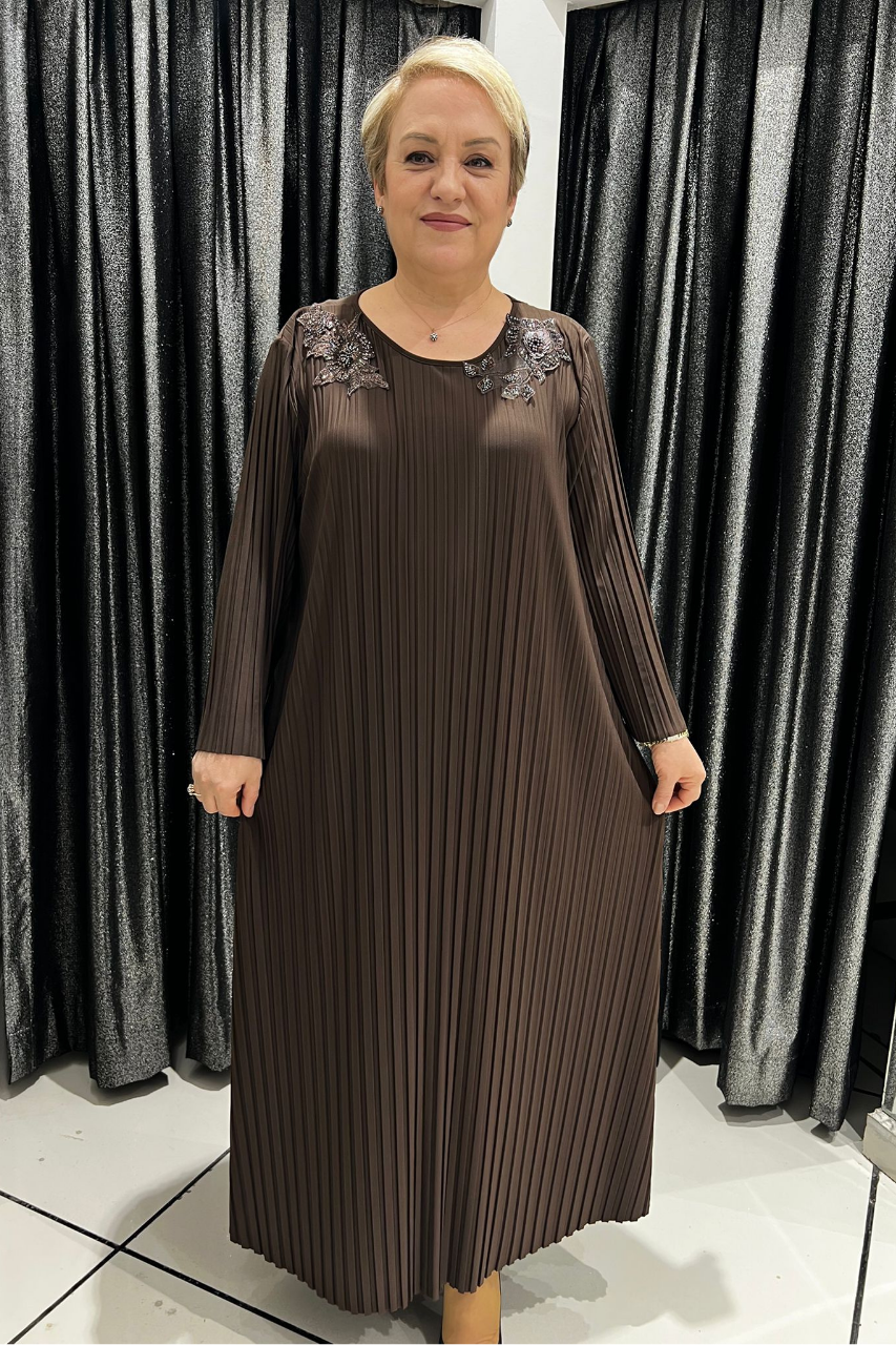 Selma Büyük Beden Omuz Detaylı Tasarım Uzun Elbise