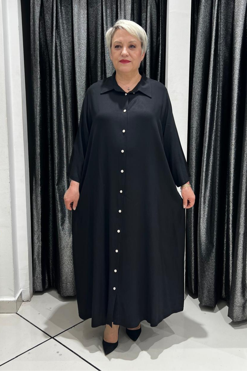 Selma Büyük Beden Önden Düğmeli Arka İşlemeli Elbise