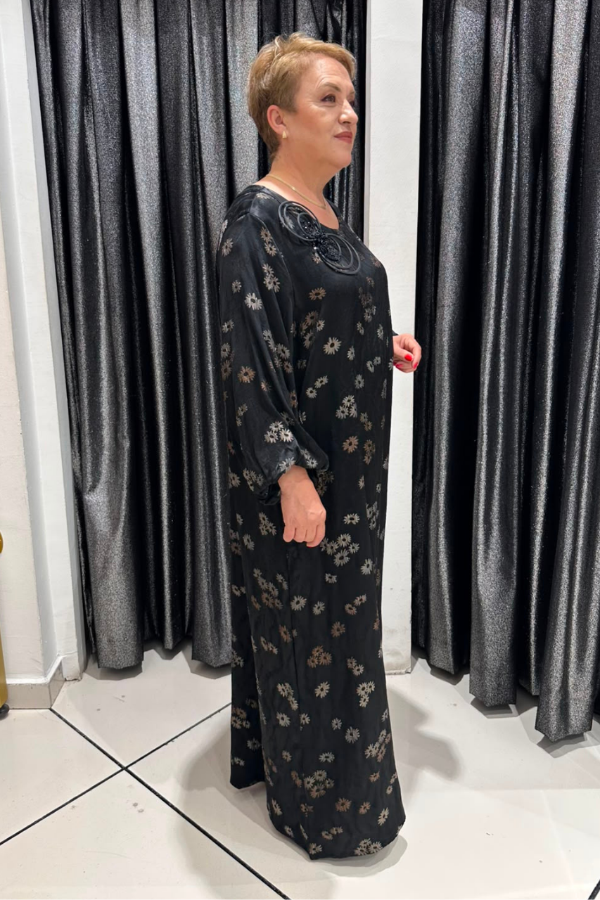 Selma Büyük Beden Pamuk Saten A Kesim Çiçek Desenli Elbise