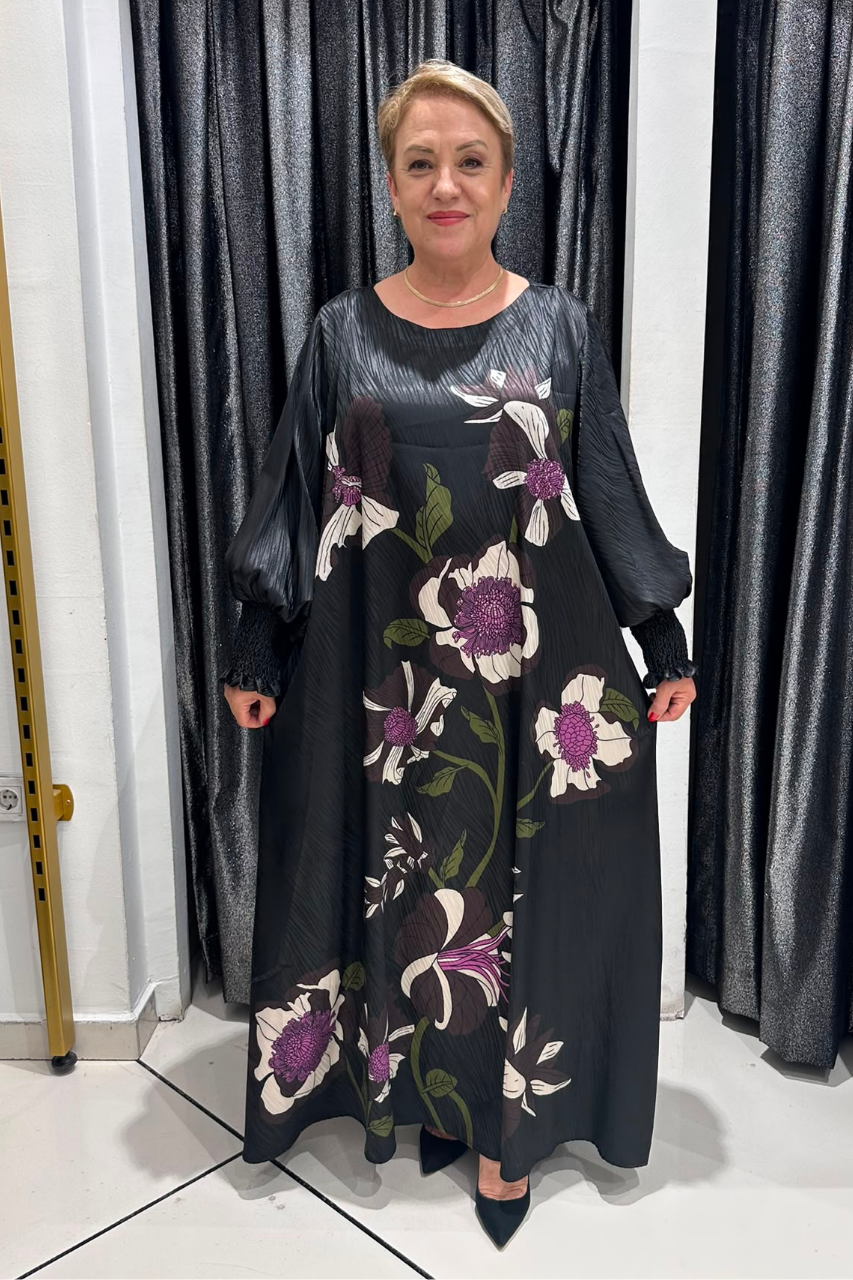Selma Büyük Beden Pamuk Saten A Kesim Çiçek Desenli Elbise