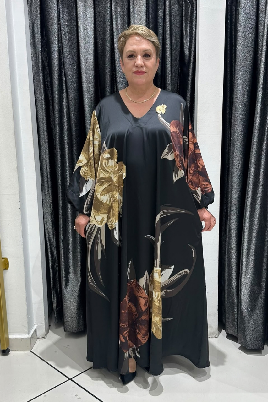 Selma Büyük Beden Pamuk Saten Çiçek Desenli V Yaka Elbise