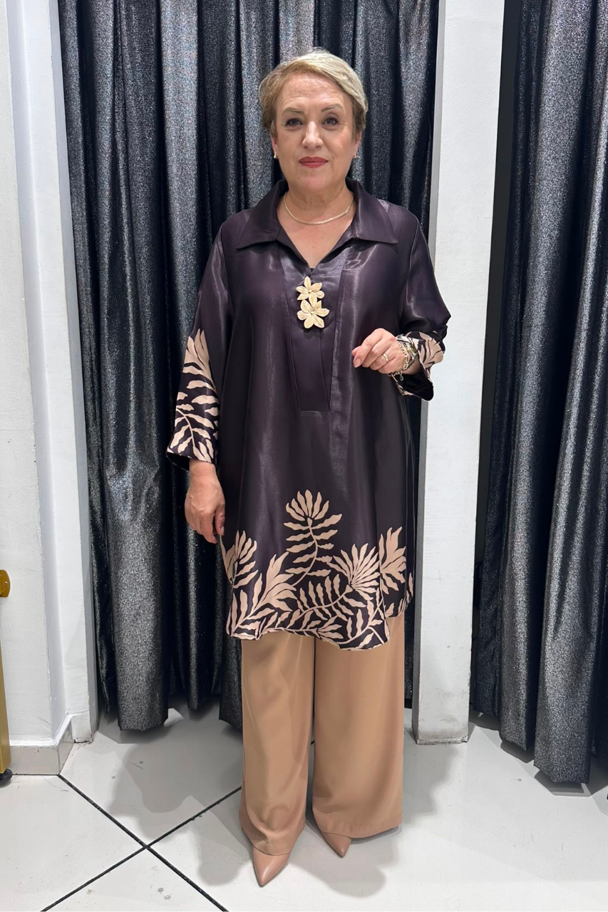Selma Büyük Beden Pamuk Saten Desenli Tunik