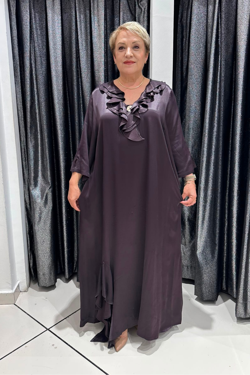 Selma Büyük Beden Pamuk Saten Fırfır Detaylı Elbise