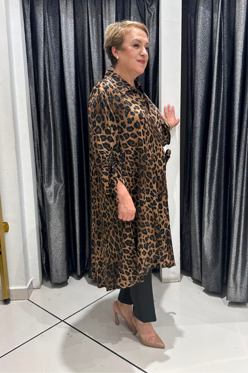 Selma Büyük Beden Pamuk Saten Leopar Tunik