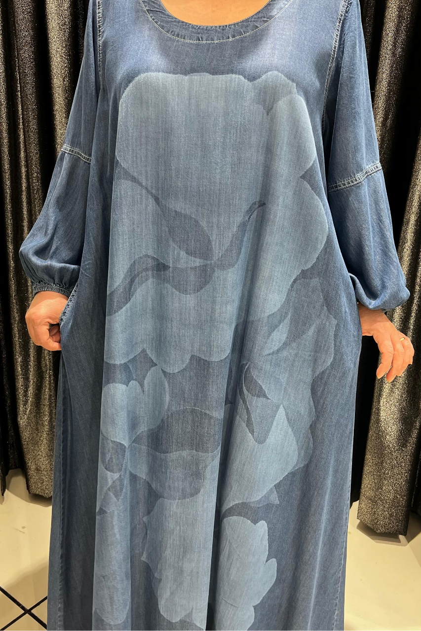 Selma Büyük Beden Pamuklu Denim Çiçek Desenli Elbise