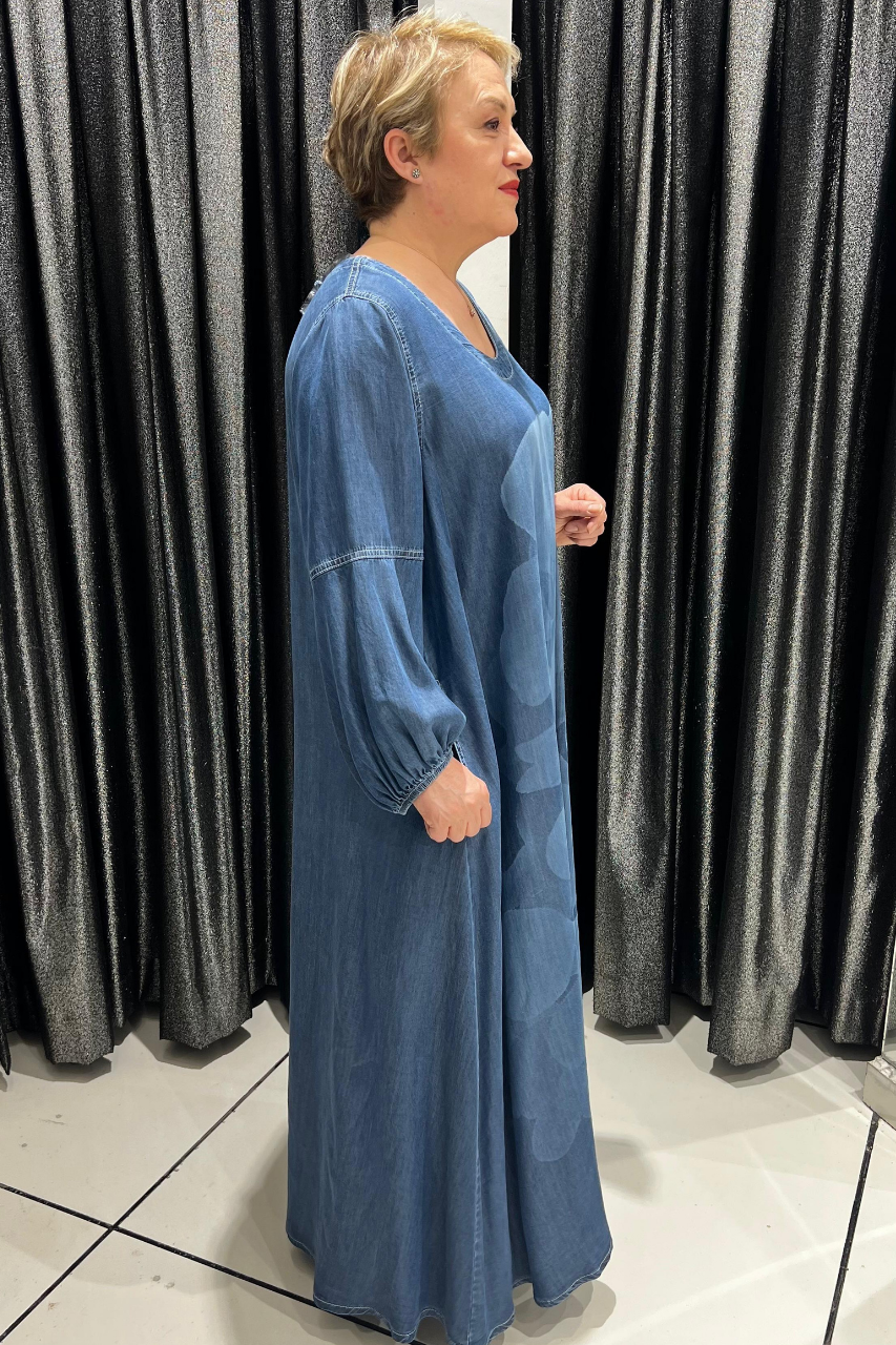 Selma Büyük Beden Pamuklu Denim Çiçek Desenli Elbise