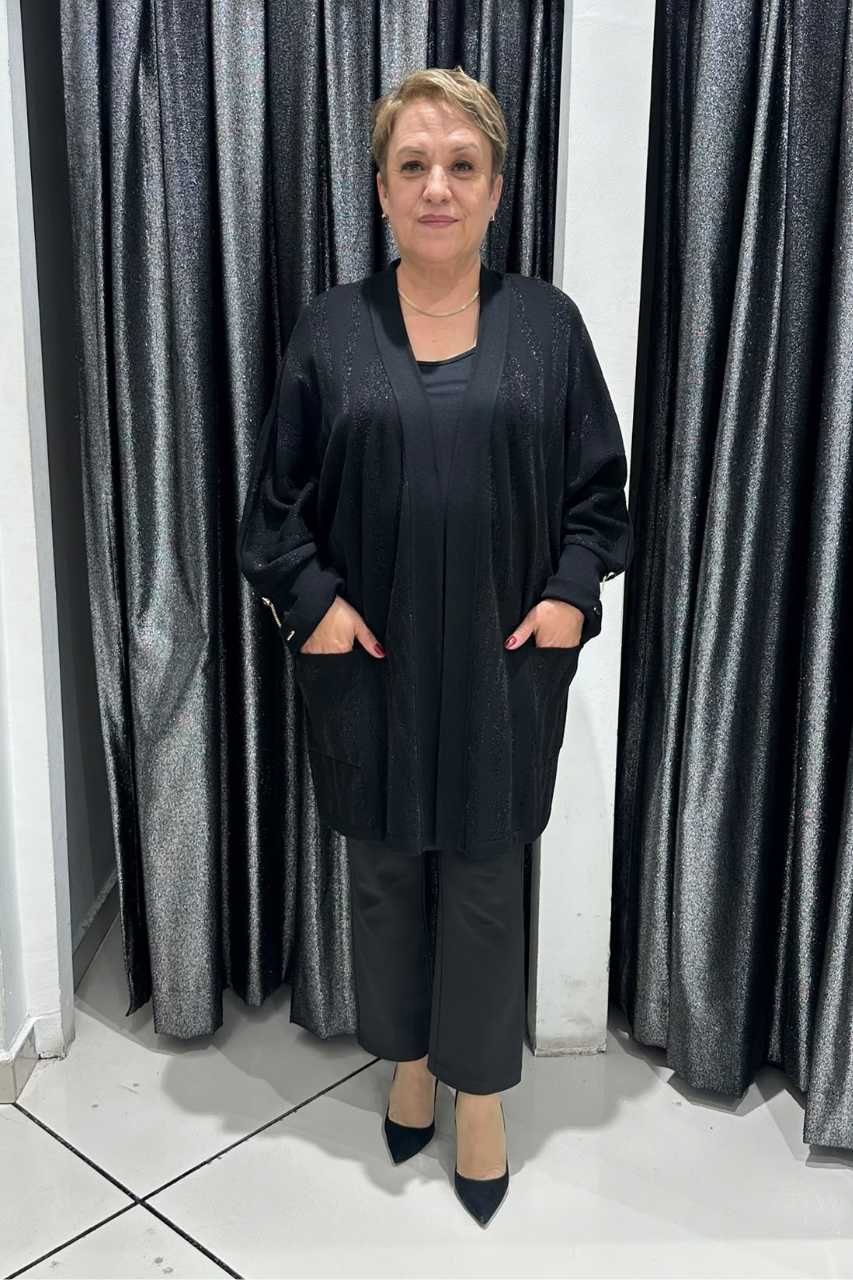 Selma Büyük Beden Parlak Desenli Cepli Triko Hırka