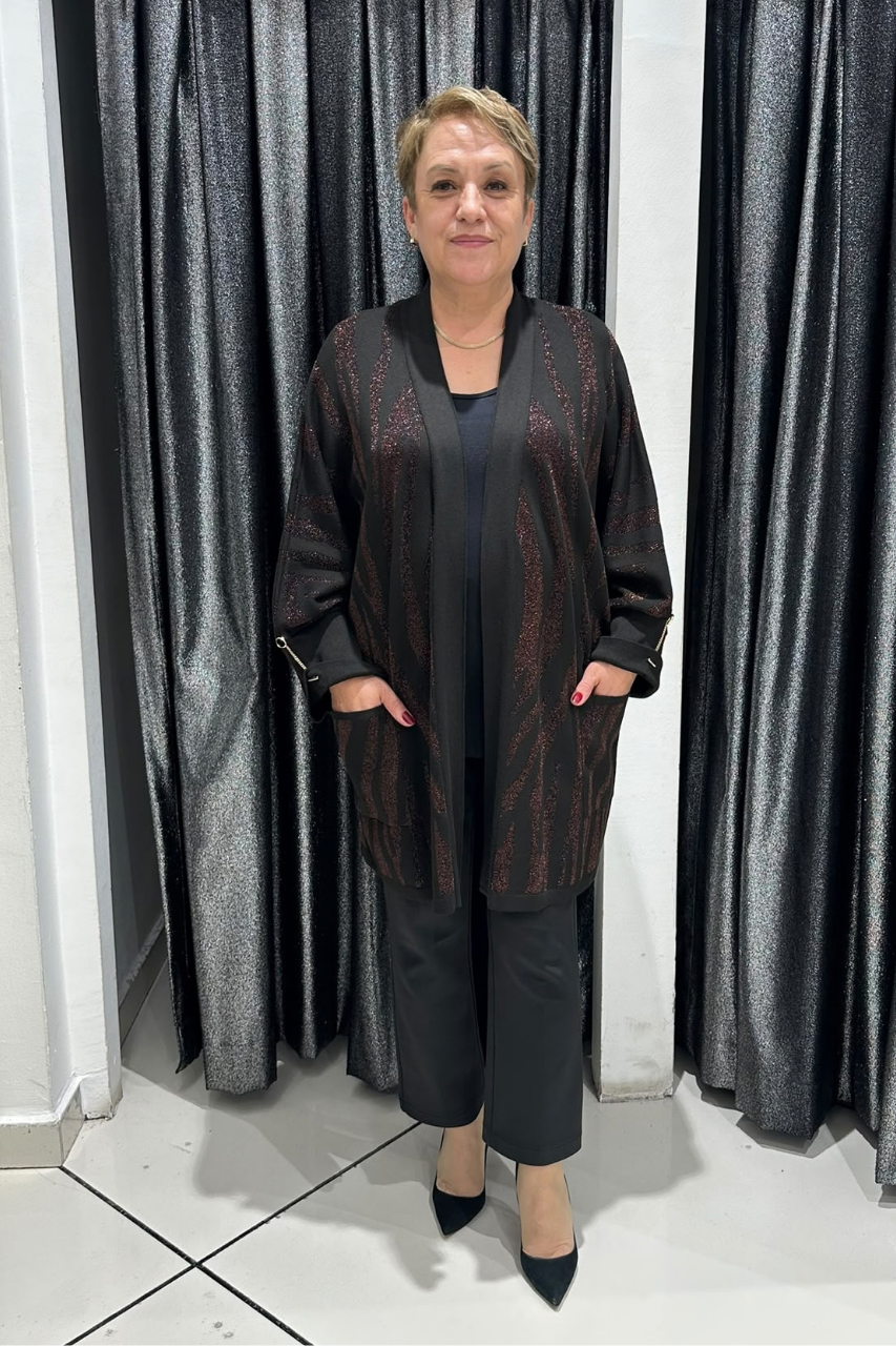 Selma Büyük Beden Parlak Desenli Cepli Triko Hırka