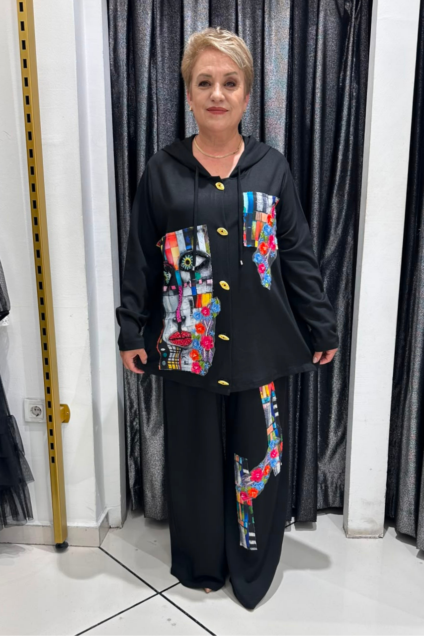 Selma Büyük Beden Patch Detaylı Renkli Desenli Takım