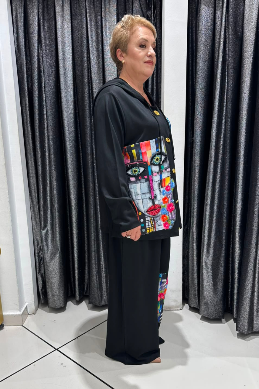 Selma Büyük Beden Patch Detaylı Renkli Desenli Takım