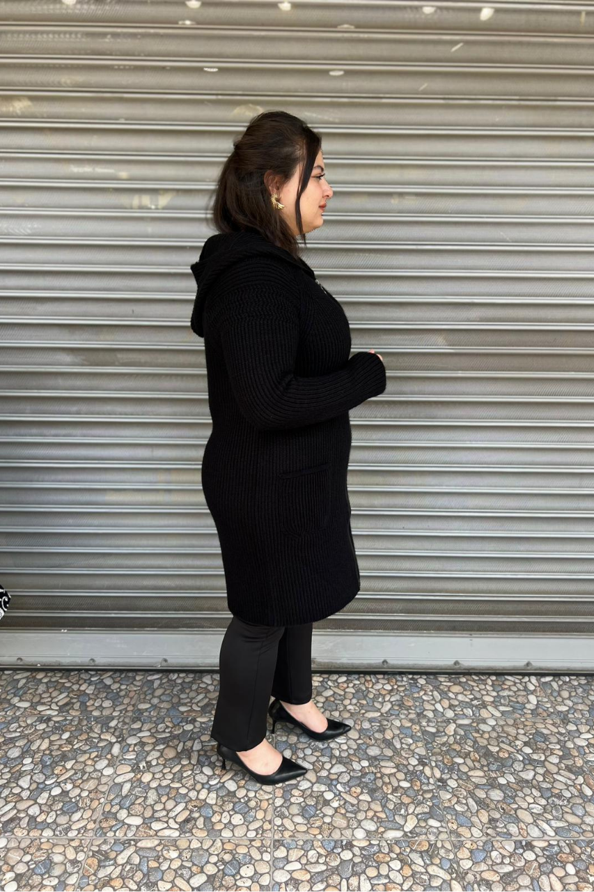 Selma Büyük Beden Rahat Kesim Cepli Kapüşonlu Hırka