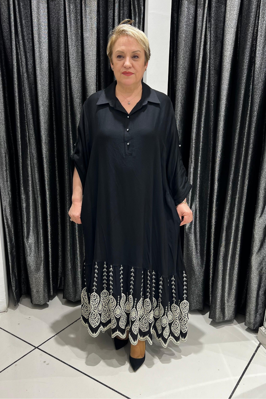 Selma Büyük Beden Rahat Kesim Nakış Detaylı Elbise