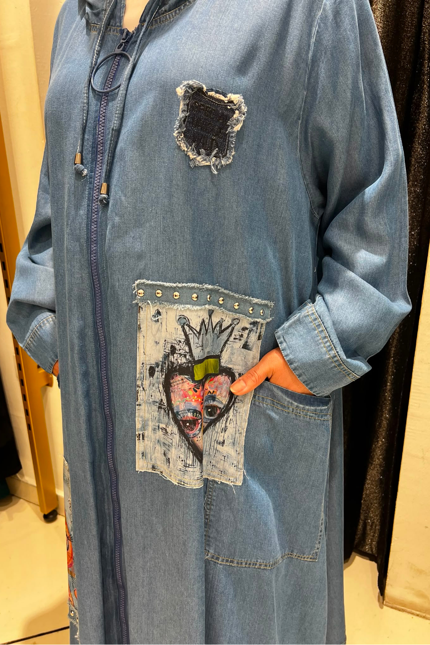 Selma Büyük Beden Rahat Kesim Patch Desenli Kapüşonlu Kap