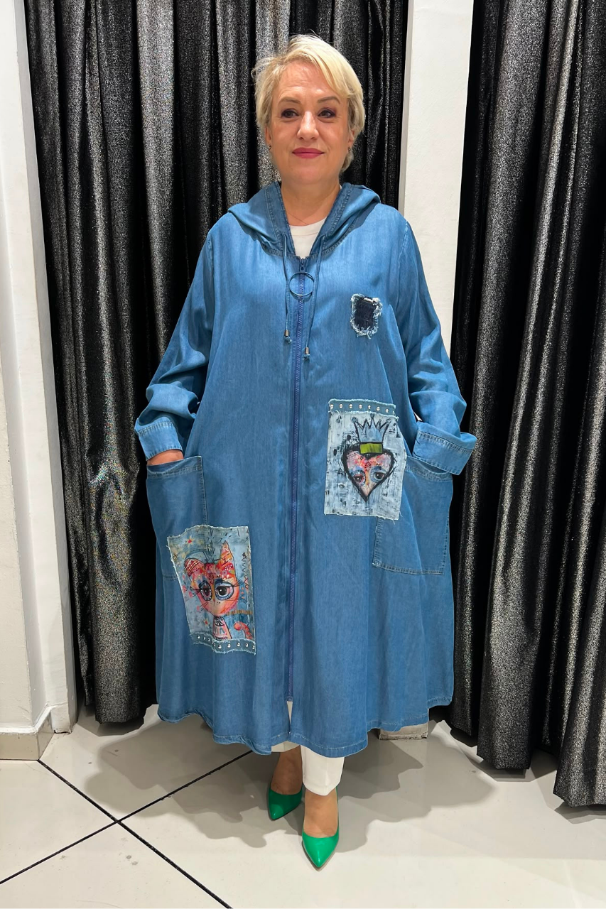 Selma Büyük Beden Rahat Kesim Patch Desenli Kapüşonlu Kap