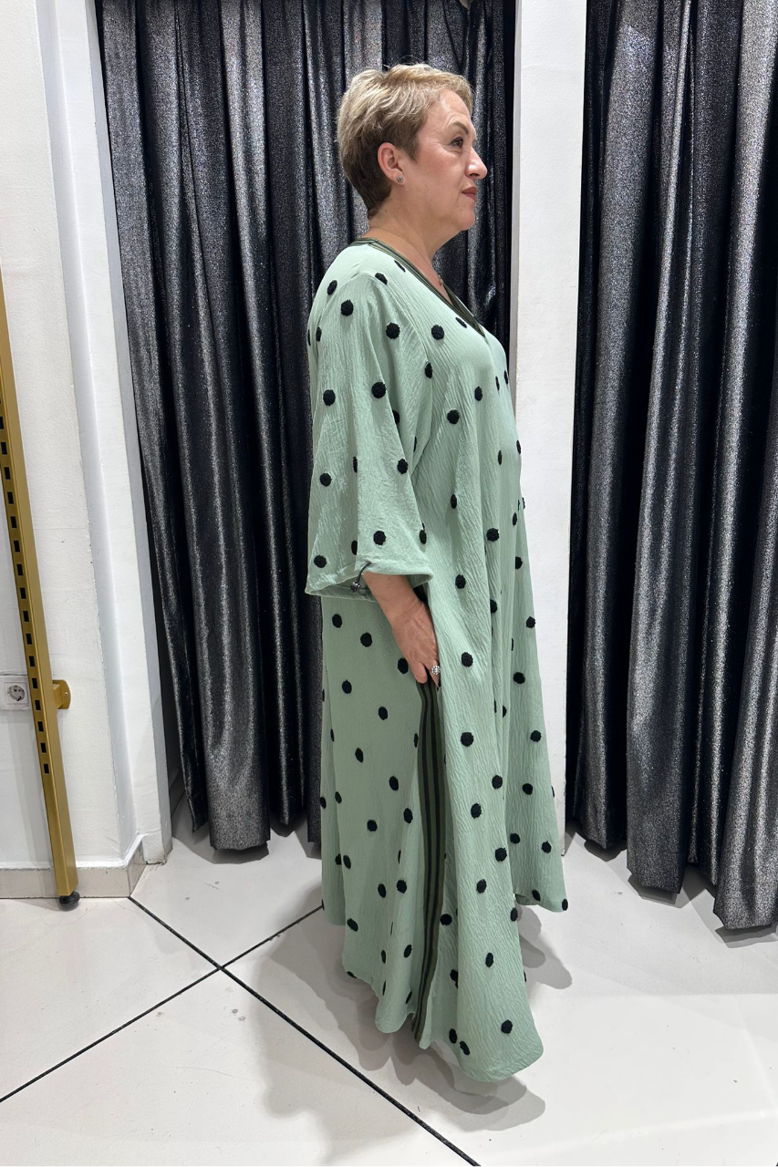 Selma Büyük Beden Rahat Kesim Şerit Detaylı Puantiye Desenli Elbise