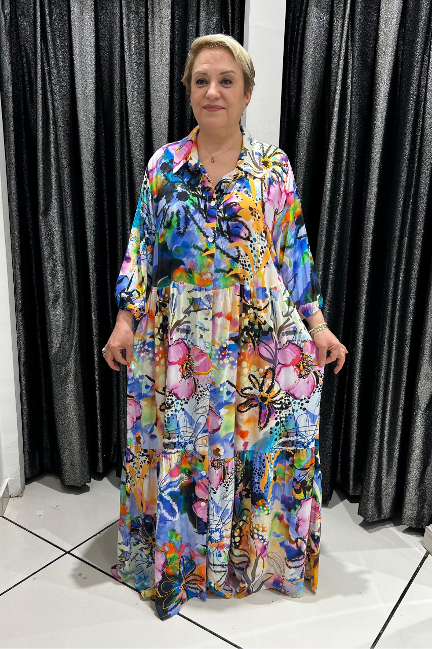 Selma Büyük Beden Renkli Çiçek Desenli Katlı Elbise