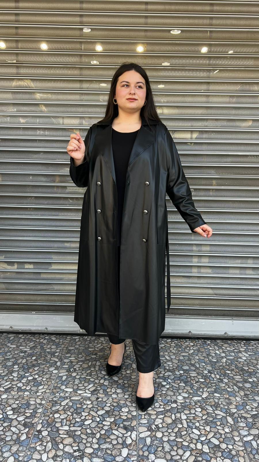 Selma Büyük Beden Şardonlu İç Dokulu Kuşaklı Deri Trenç