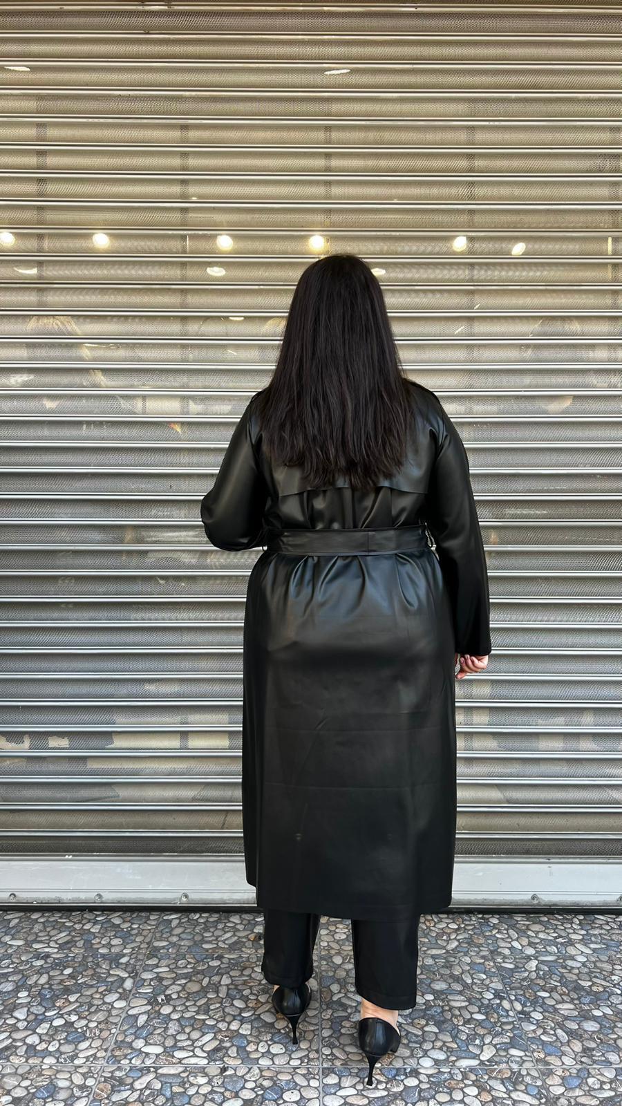 Selma Büyük Beden Şardonlu İç Dokulu Kuşaklı Deri Trenç