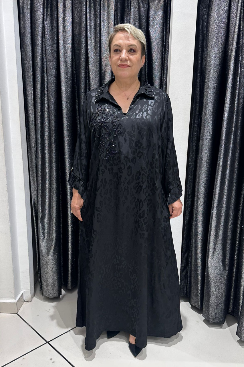 Selma Büyük Beden Saten Boncuk İşlemeli Şık Elbise