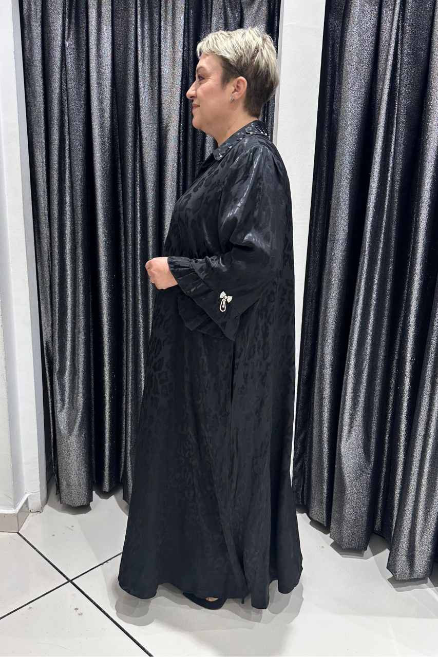 Selma Büyük Beden Saten Boncuk İşlemeli Şık Elbise