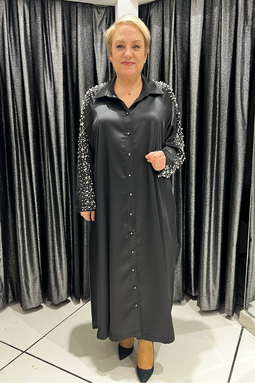 Selma Büyük Beden Saten İnci Detaylı Gömlek Elbise