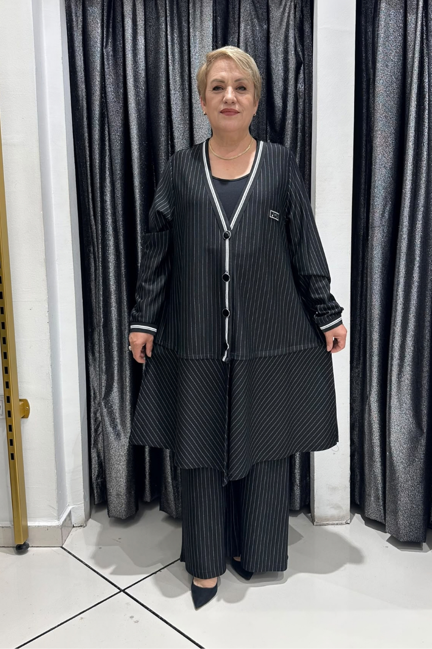Selma Büyük Beden Şerit Detaylı Pantolonlu Takım