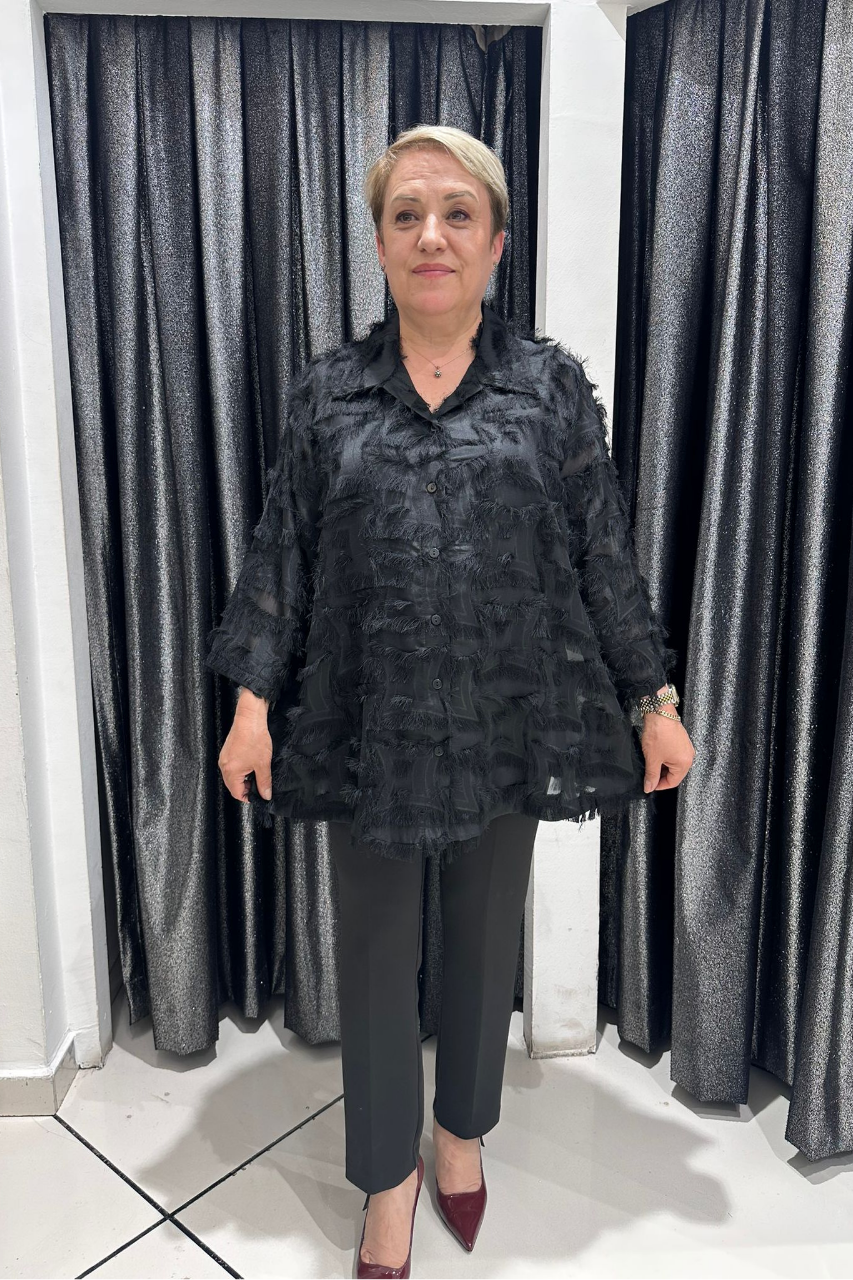 Selma Büyük Beden Şifon İçlikli Sakallı Detaylı Gömlek