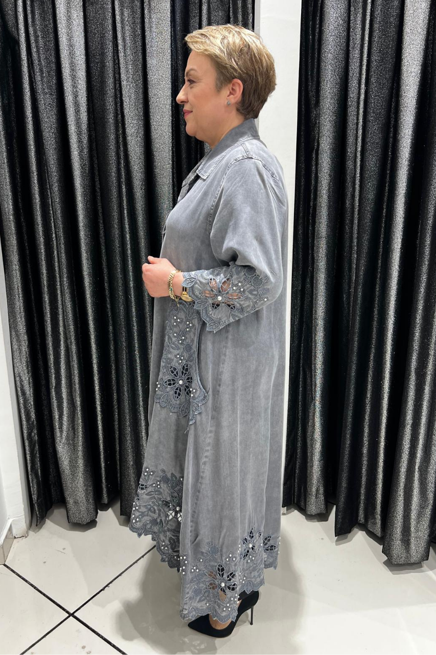 Selma Büyük Beden Şık Detaylı Kot Gömlek Elbise