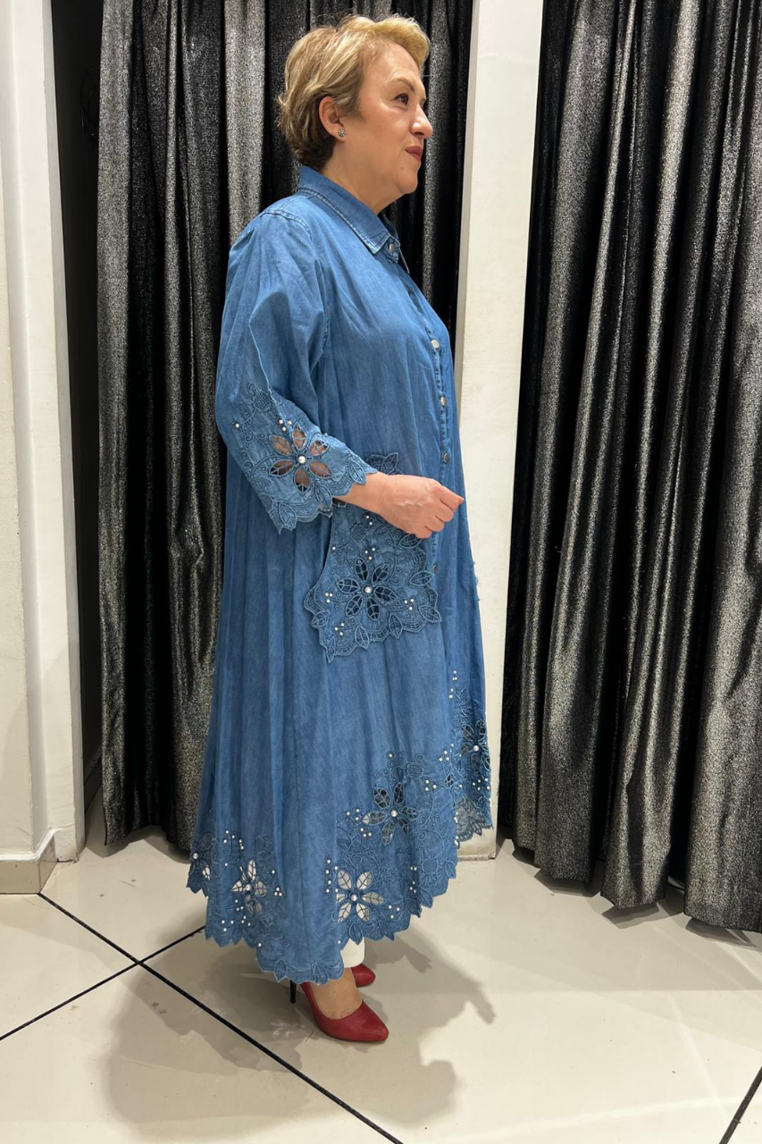Selma Büyük Beden Şık Detaylı Kot Gömlek Elbise