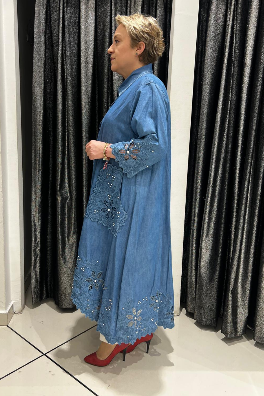 Selma Büyük Beden Şık Detaylı Kot Gömlek Elbise