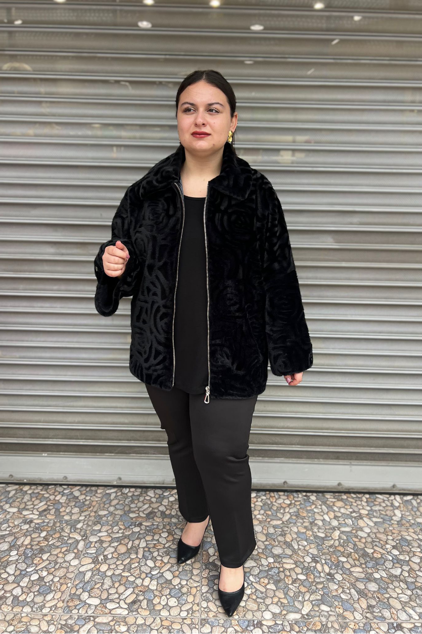 Selma Büyük Beden Siyah Astarlı Angora Kürk Mont