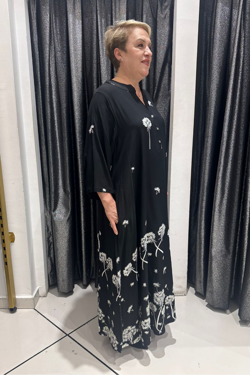 Selma Büyük Beden Siyah Çiçek Desenli Düğmeli Elbise