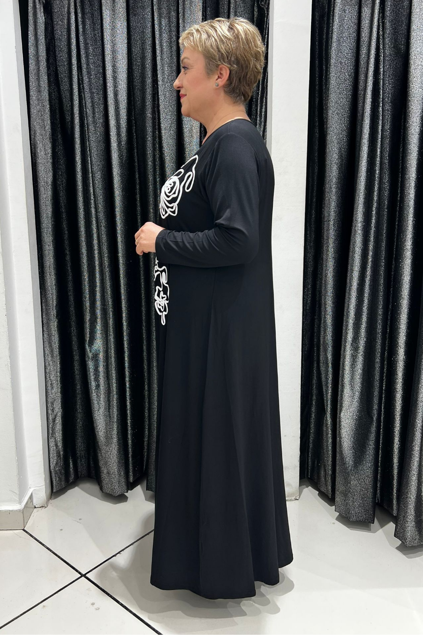 Selma Büyük Beden Siyah Çizgisel Gül Desenli Elbise