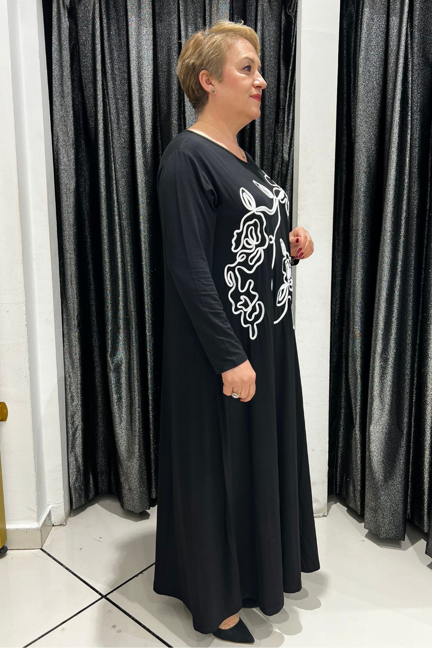 Selma Büyük Beden Siyah Çizgisel Gül Desenli Elbise